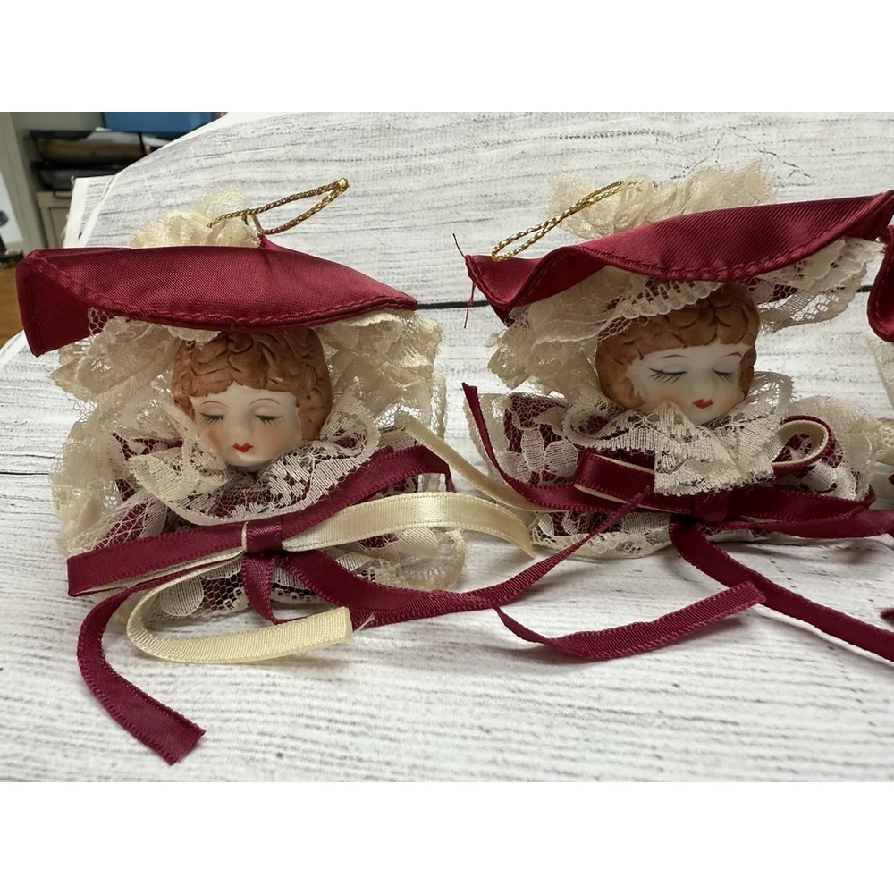 Vintage Porcelain Lot Of FIVE Victorian Doll Head Hanging Ornament 3” Christmas